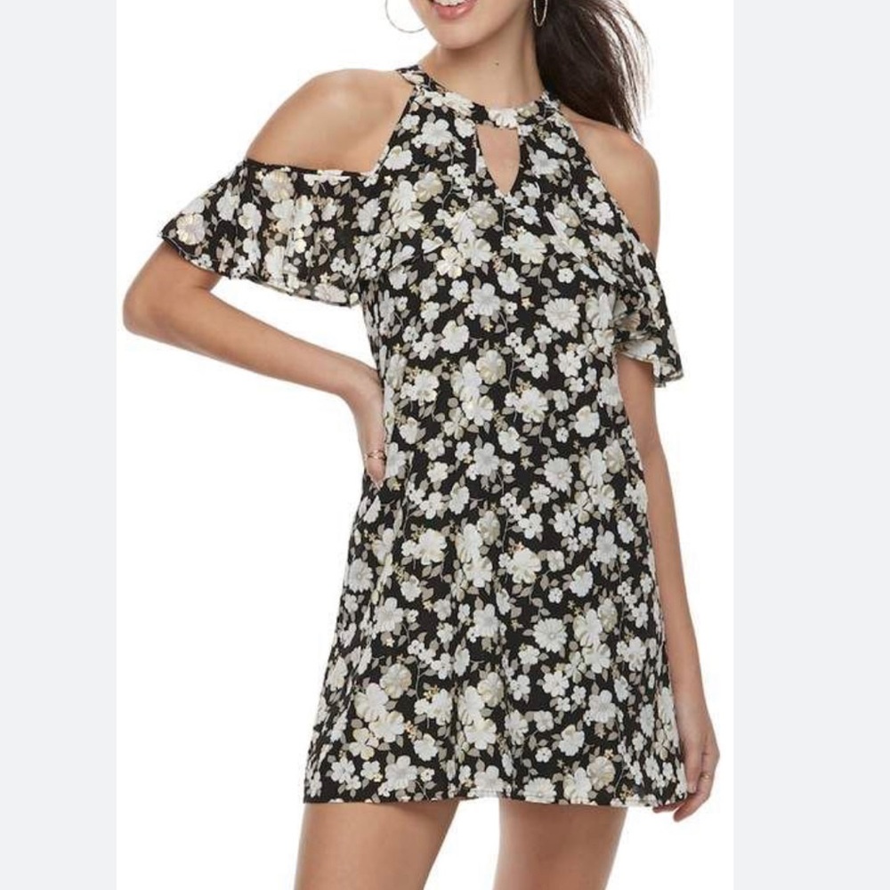 Candies Womens Floral Mini Dress‎ Size M Halter Metallic Gold Black Y2K Fairy